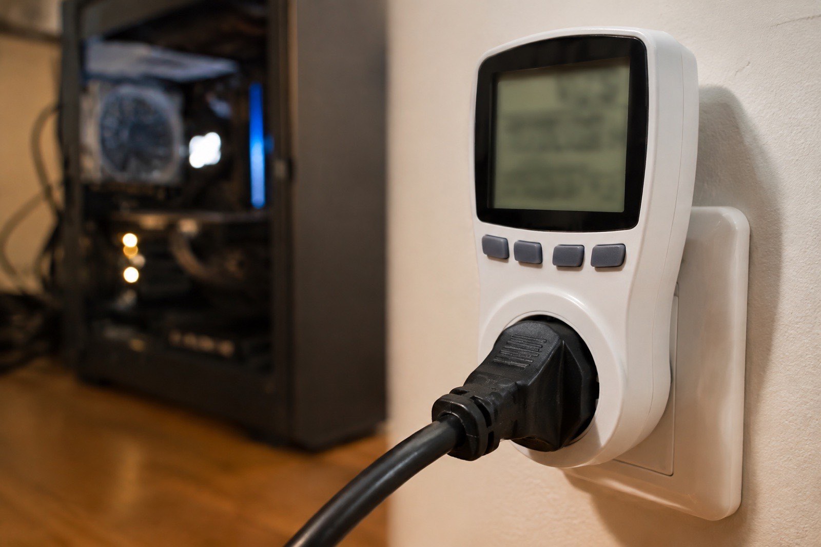 Illustration: a plug-in power meter in a wall socket with a thick PC power cable running to a blurred case