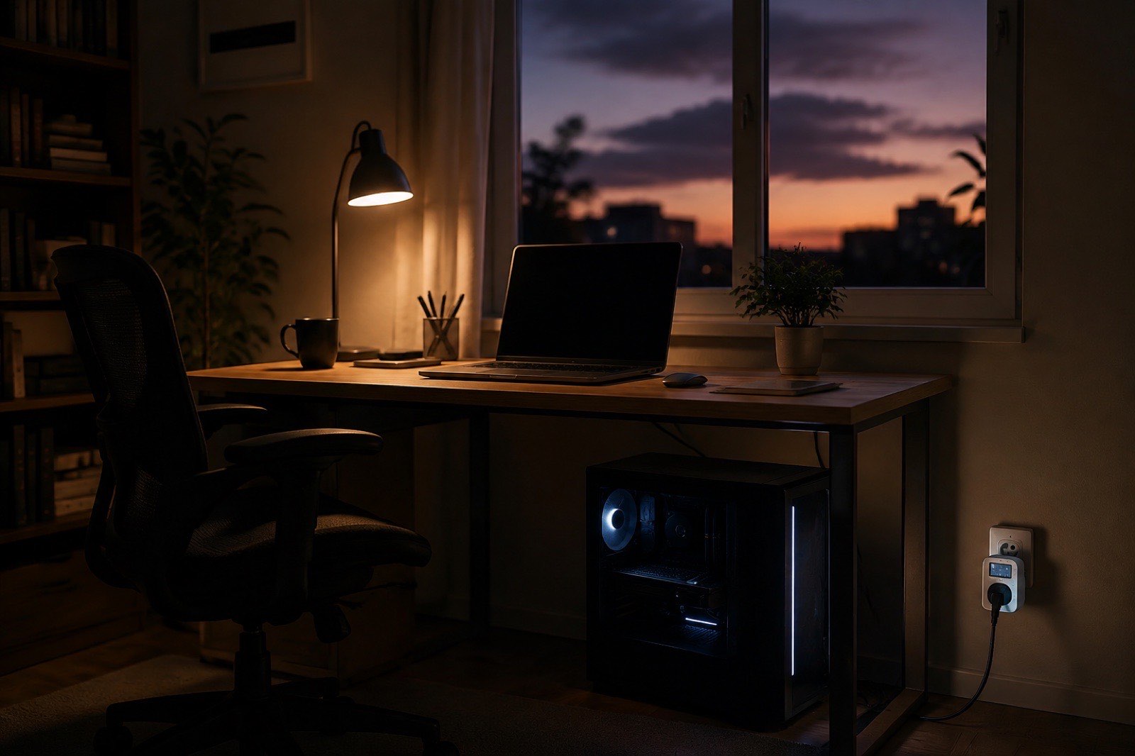 Illustration: a home office at dusk with a glowing tower PC and a power meter in the wall socket