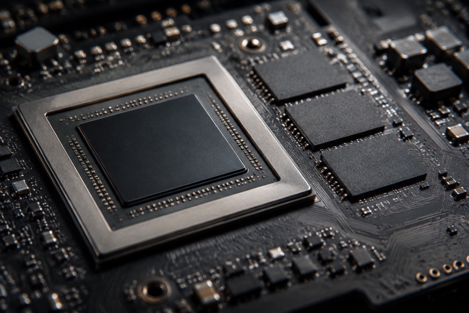 Illustration: a large system-on-chip package on a logic board with memory soldered right beside it