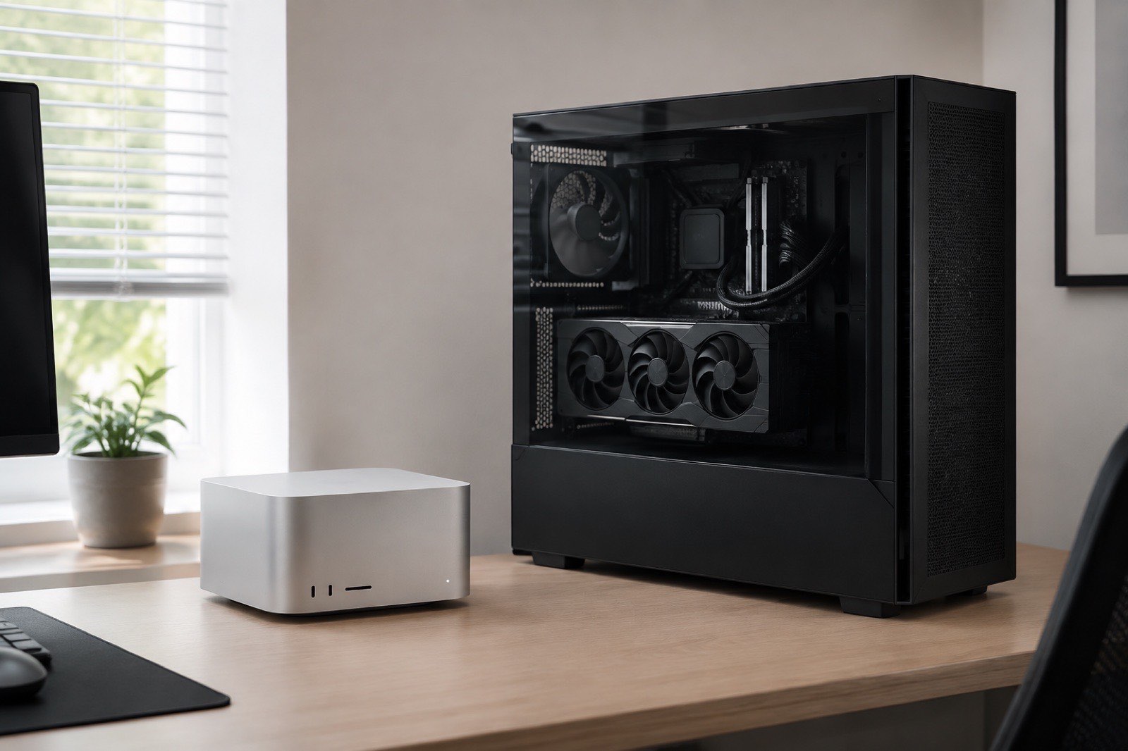 Illustration: a small aluminium desktop next to a tower PC with a glass side panel showing a large graphics card
