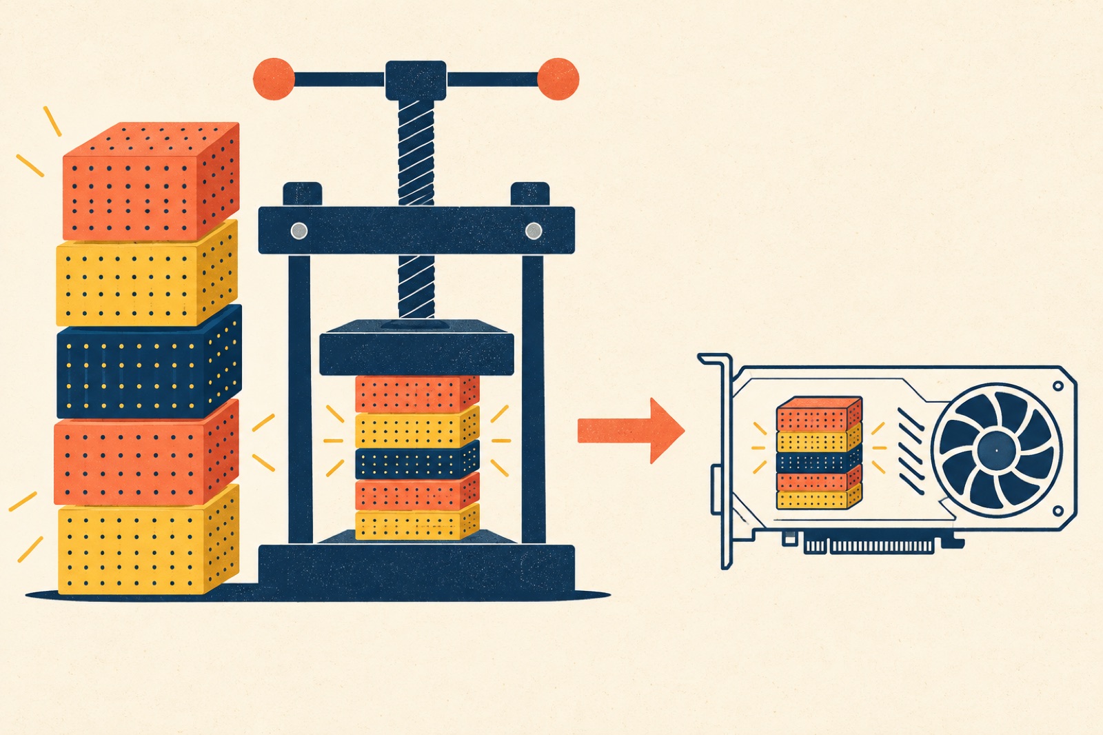 Illustration: flat vector artwork on a cream background, a tall stack of dotted blocks on the left squeezed by a press into a small stack, with an arrow pointing to a line-drawn graphics card on the right where the small blocks fit inside