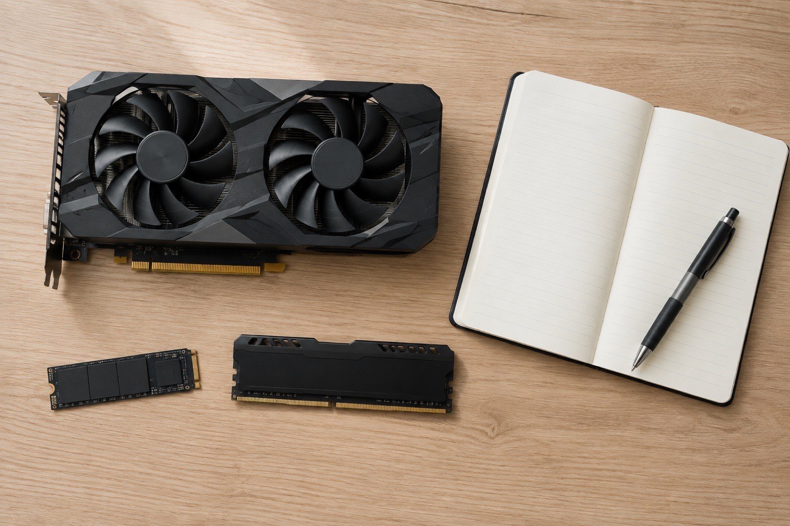 Illustration: a mid-size graphics card, an NVMe SSD and an open notebook laid out on a wooden desk