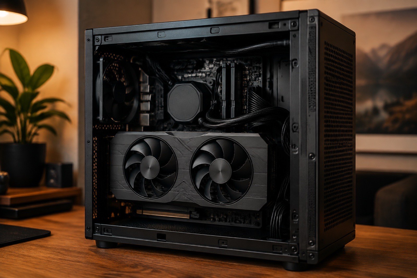 Illustration: a dual-slot graphics card installed in a small PC with the side panel removed